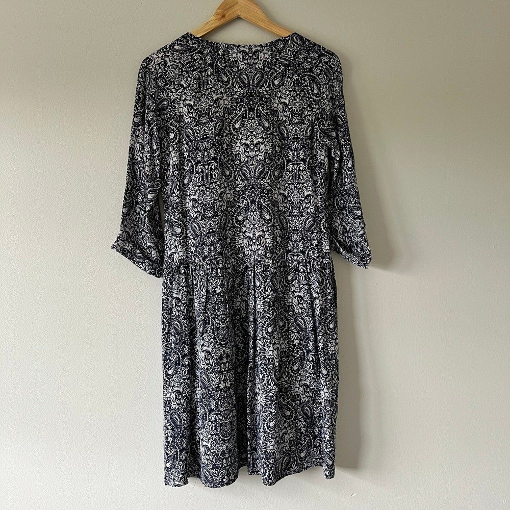 Garnet Hill Bohemian Pocket-Detail Dress Size 2 Navy Paisley Print 3/4 Sleeve - Picture 7 of 9